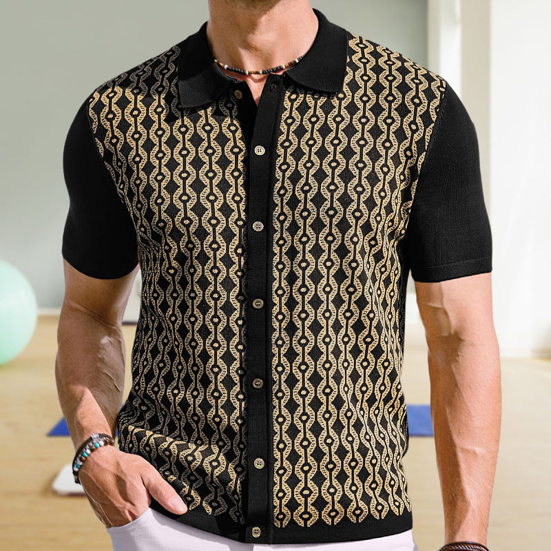 Summer Tencel Short-Sleeved Sweater Lapel Jacquard Cardigan for Men