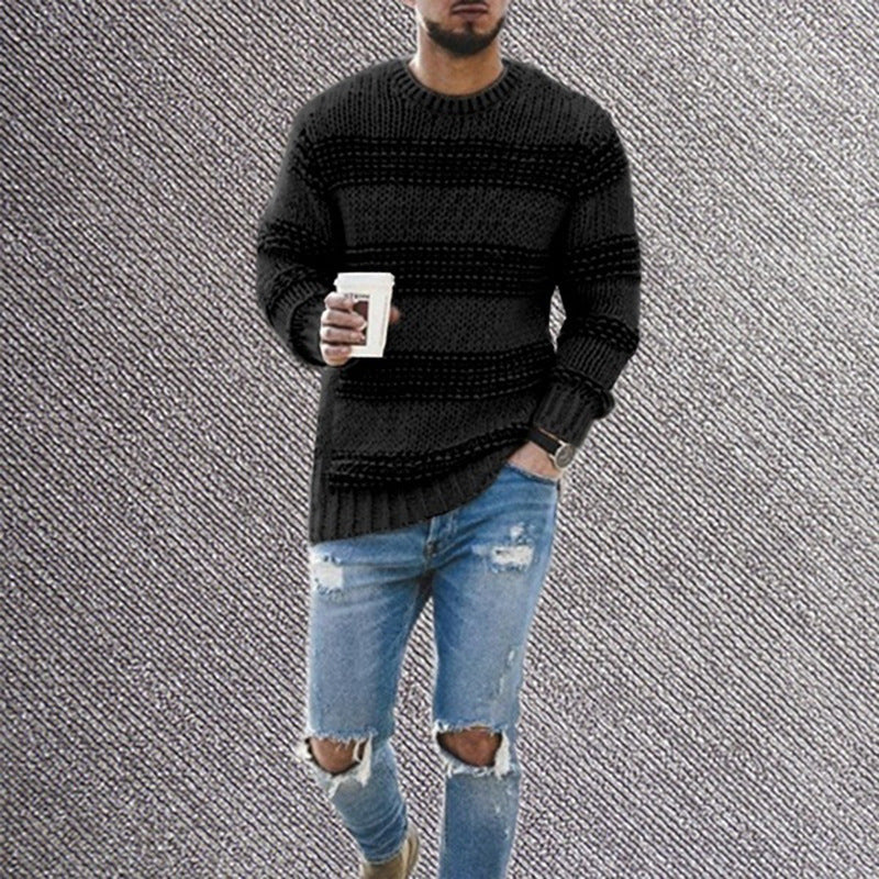 Casual Striped Knitted Sweater Men Round Neck Pullover Sweater
