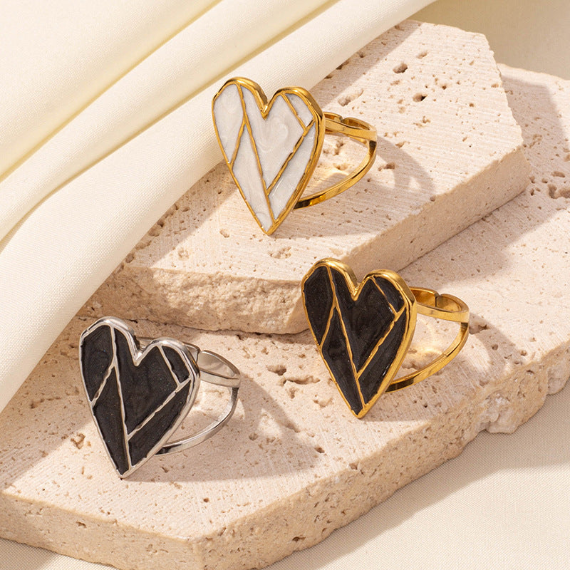 Women's Stainless Steel Retro Heart-shaped Oil Dripping Open Ring