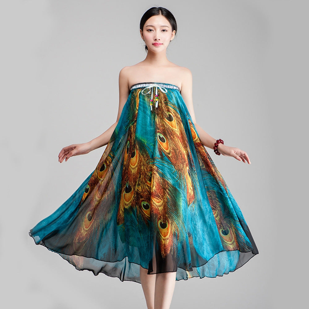 Peacock Feather Print Round Neck Skirt
