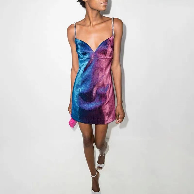 Rhinestone Gradient Heavy Industry Striped Dress