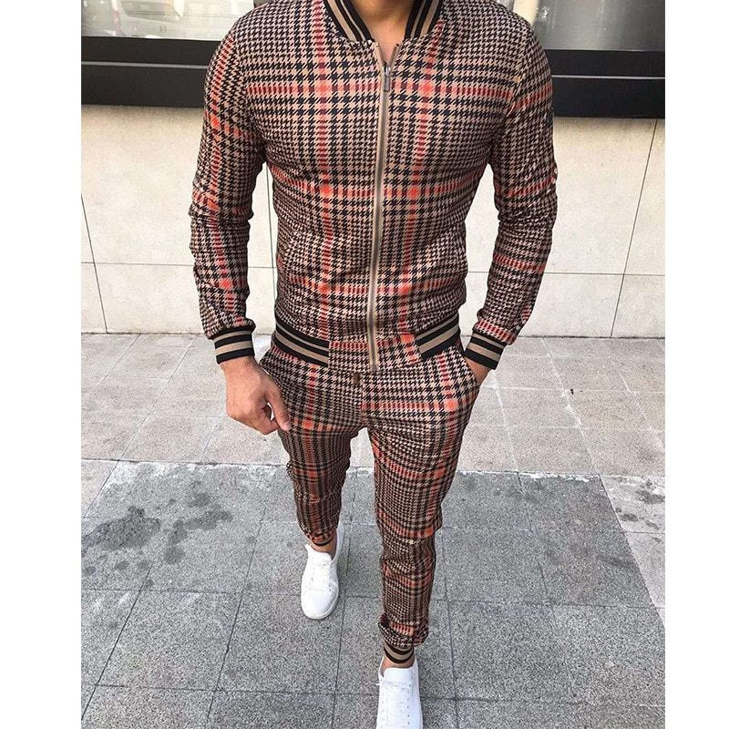 New Men's Leisure Suits Tracksuits Men Grid Two-Piece Patchwork Zipper Tracksuits Small Leg Trouser Sportswear New Man Sets
