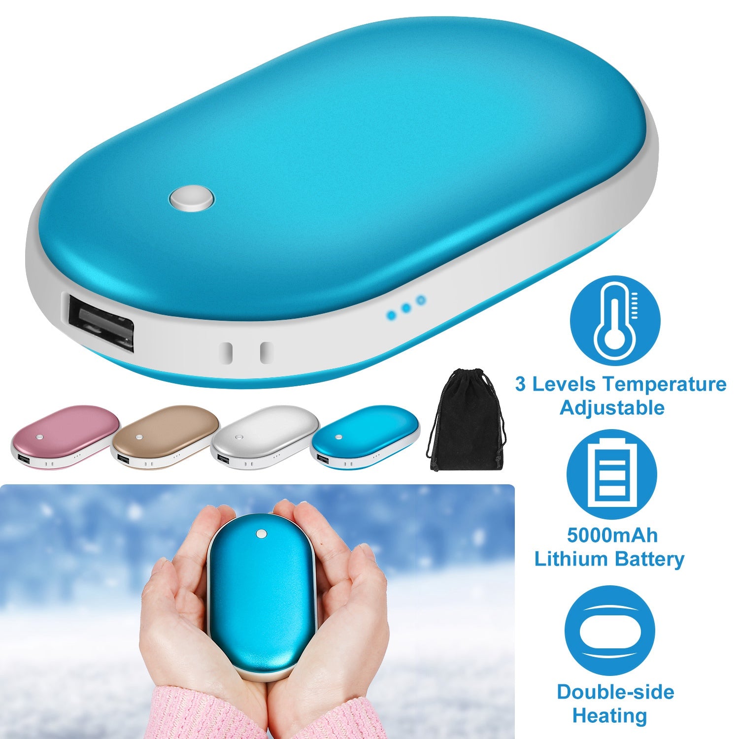 1Pc Portable Hand Warmer 5000mAh Power Bank Rechargeable Pocket Warmer Double-Sided Heating Handwarmer