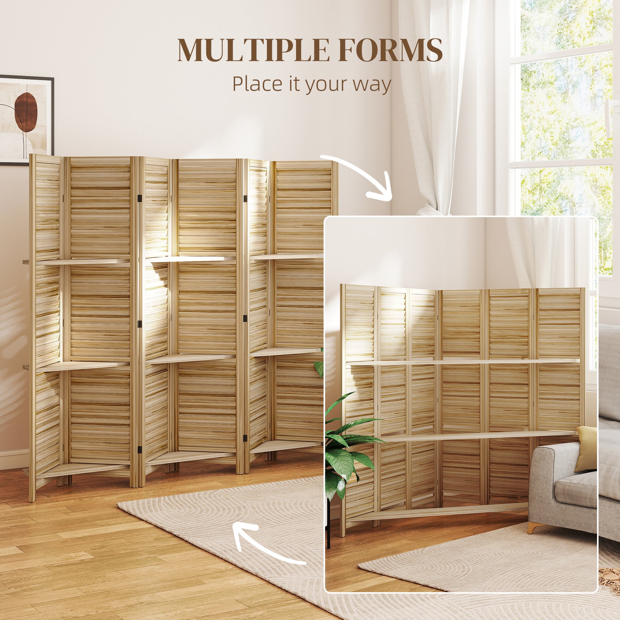6 Panel 67" Tall Wood Privacy Screen Room Divider with 3 Shelves and Folding Storage for Bedroom, Natural Wood