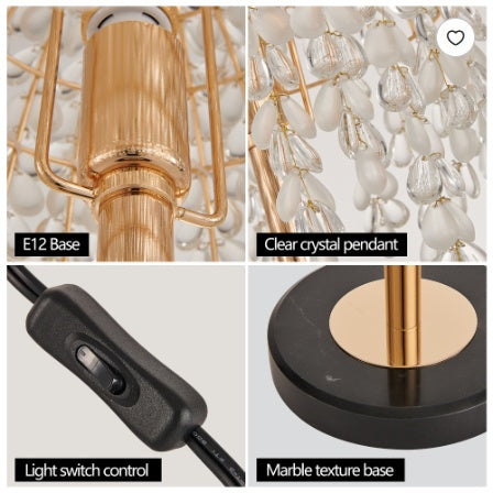 19 Inch Height Elegant Crystal Table Lamp   Vintage Waterfall Design With Teardrop Grape Crystal Bead String Shades And Marble Textured Base For Living Room, Bedroom, Or Office  Bulb Not Included