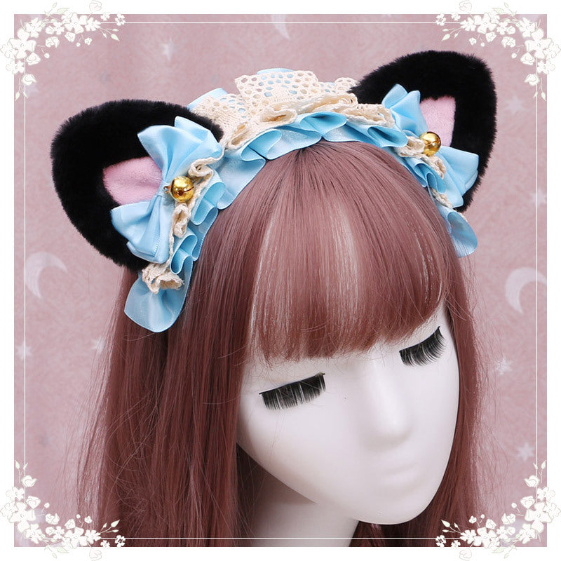 A Lovely Japanese Lolita Hairdress, Catwoman Plush Lolita Headdress, Lace Cat Ear Hair Band