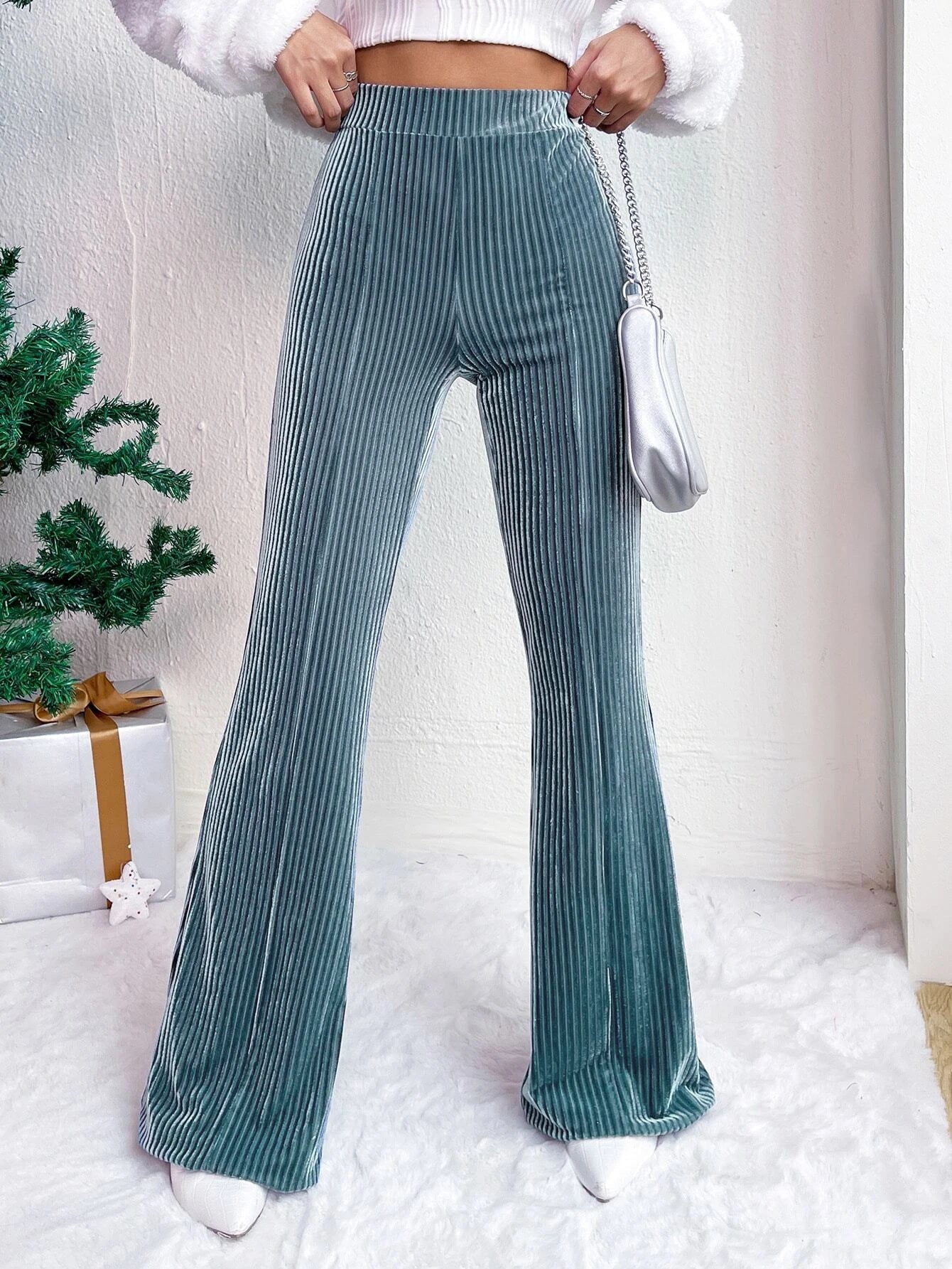 High Waist Lamp Wick Corduroy Bell-Bottom Pants Wide Leg Women