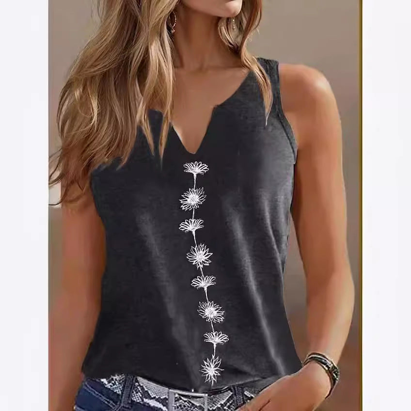 Casual Loose V-Neck S Print Sleeveless T-Shirt Women