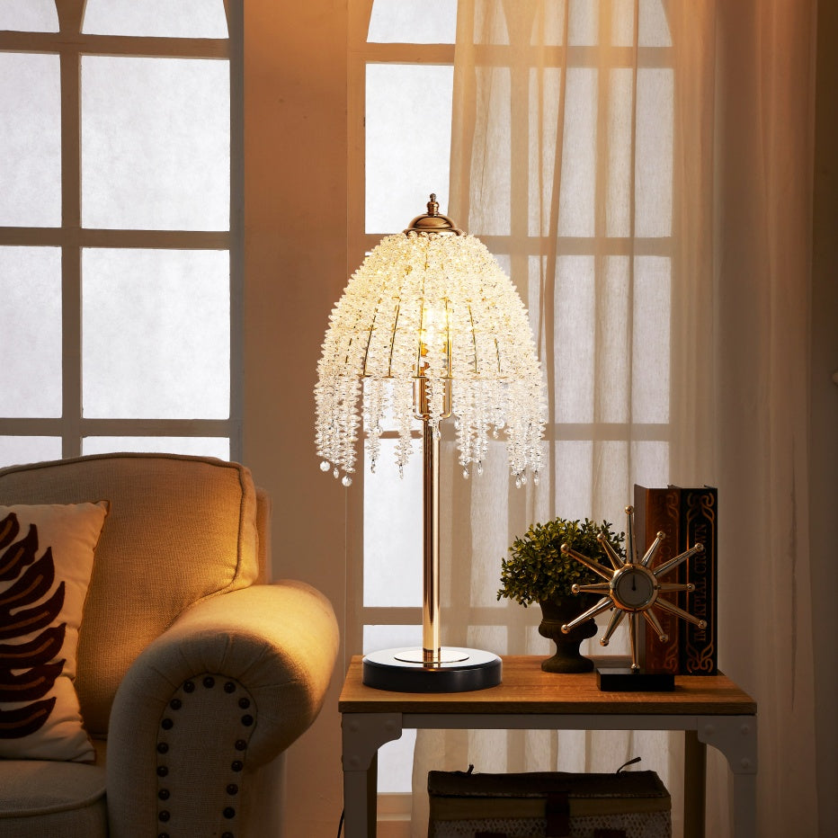 19inch H Elegant Crystal Table Lamp Vintage Waterfall Design With Crystal Bead String Shades And Marble Textured Base For Living Room, Bedroom, Or Office Bulb Not Included