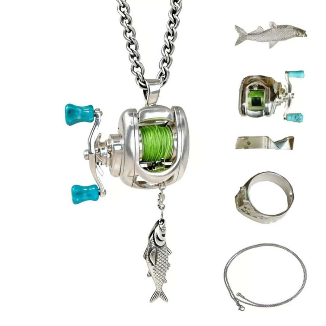 Luxury Fishing Reel Necklace Rotatable Detachable Fishing Reel Ring Exquisite Silver Men Neck Pendant Versatile Jewelry