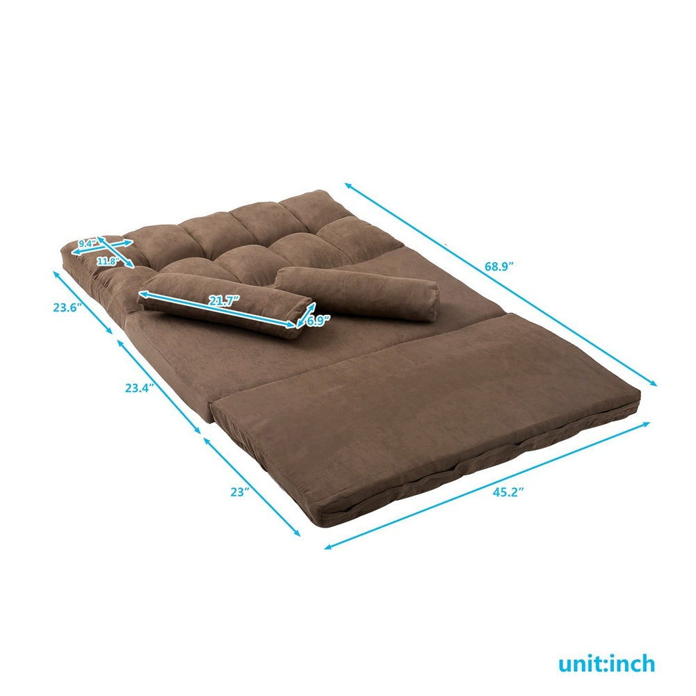 Double Chaise Lounge Sofa Chair Floor Couch with Two Pillows (Brown)