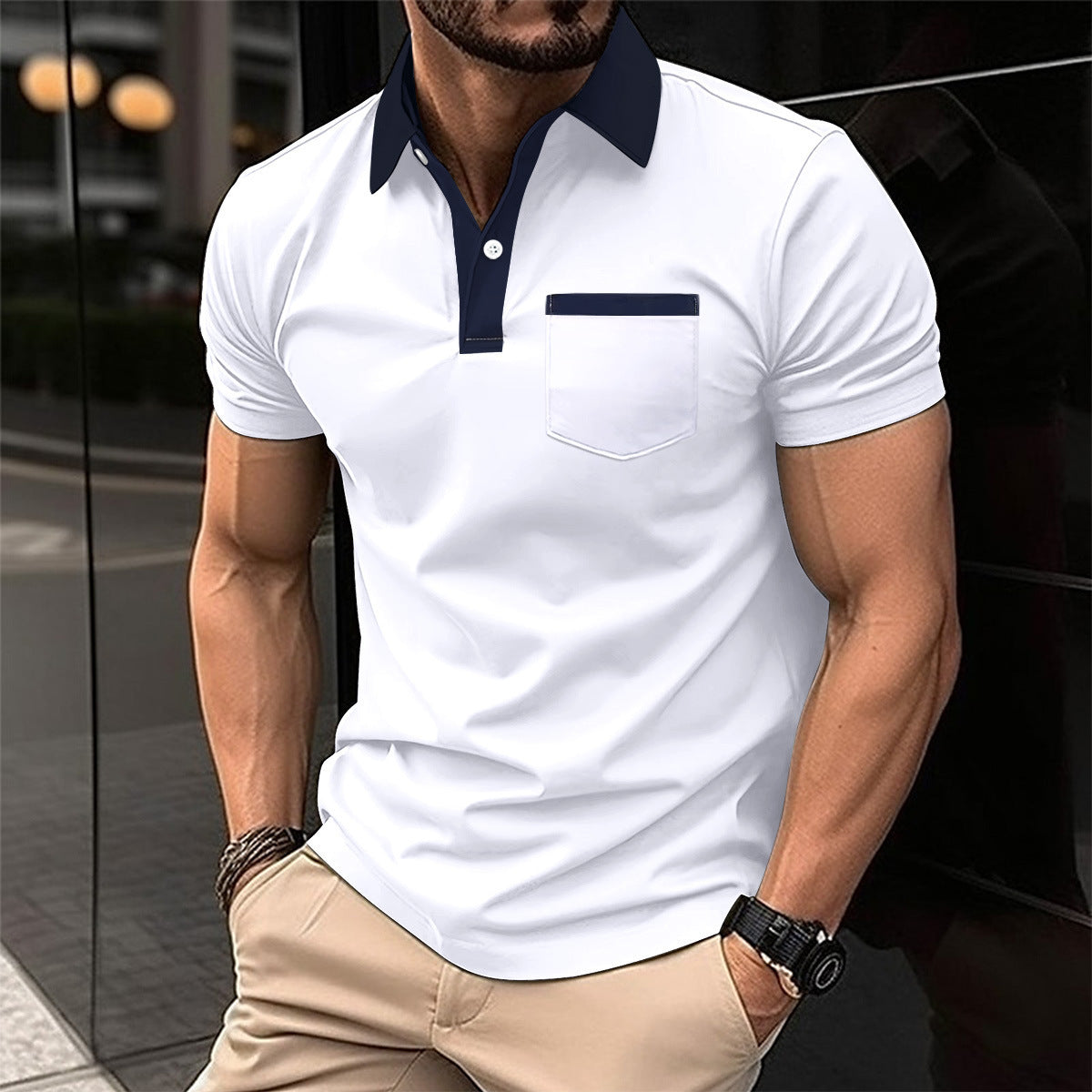 Lapel Fashion Slim Pocket Short-Sleeved T-Shirt Polo Shirt Men Clothing