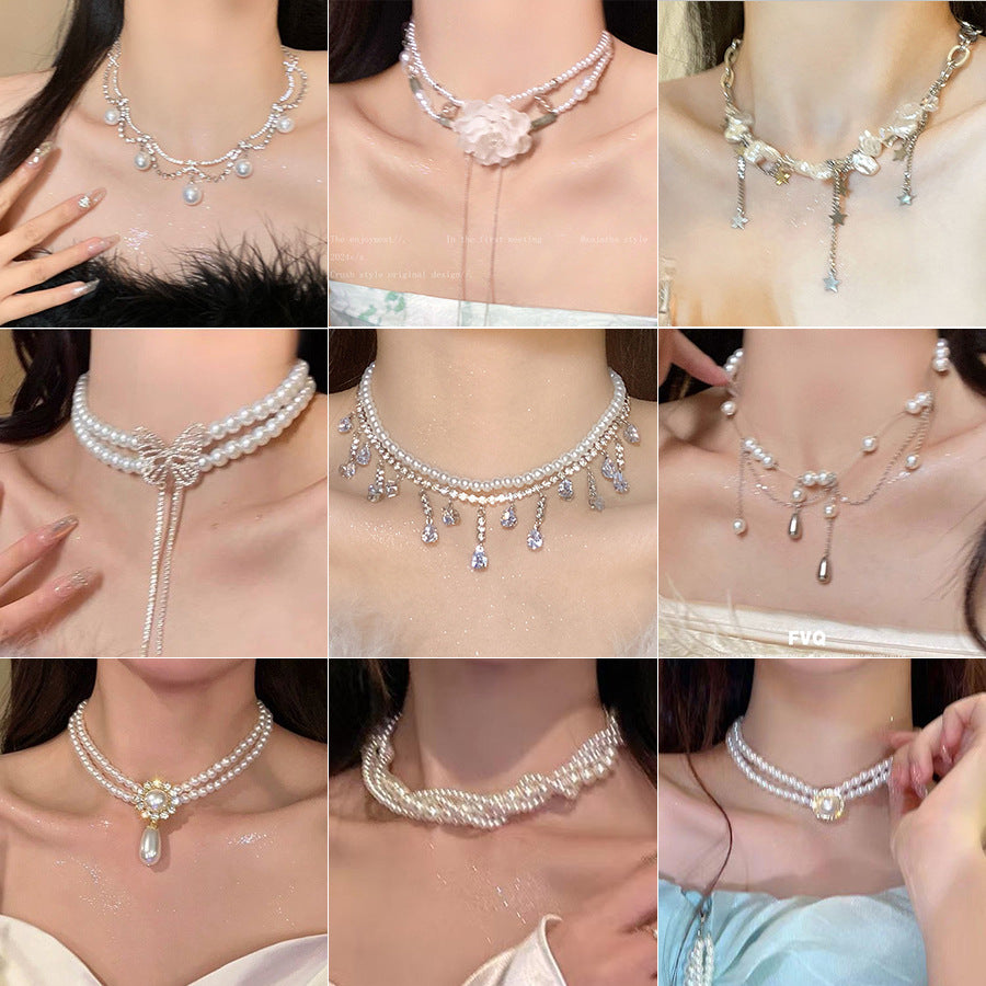 New Rhinestone Pearl Tassel Double-Layer Necklace