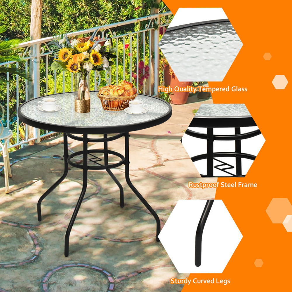 32 Inch Patio Tempered Glass Steel Frame Round Table With Convenient Umbrella Hole
