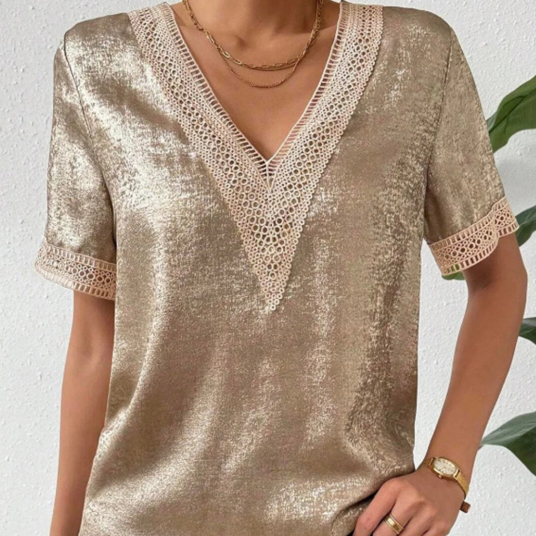 Women's Comfortable Elegant Lace V-Neck Stitching Short Sleeve