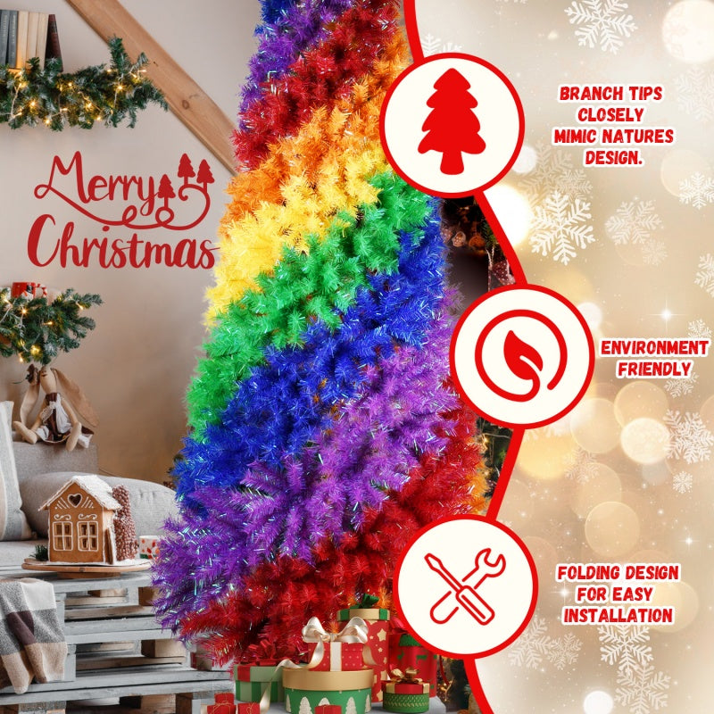 6FT 7.5FT Artificial Colorful Rainbow Christmas Tree, Hinged Xmas Tree With PVC Branch Tips