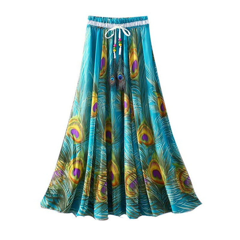 Peacock Feather Print Round Neck Skirt
