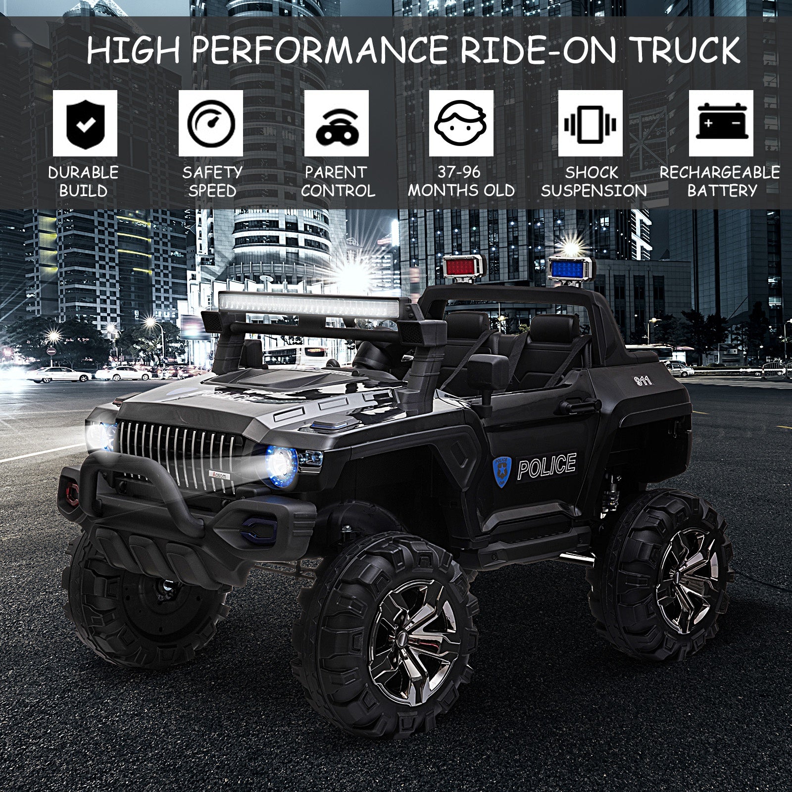 Kids Ride-On Car 12V RC 2-Seater Police Truck Electric Car For Kids with Full LED Lights