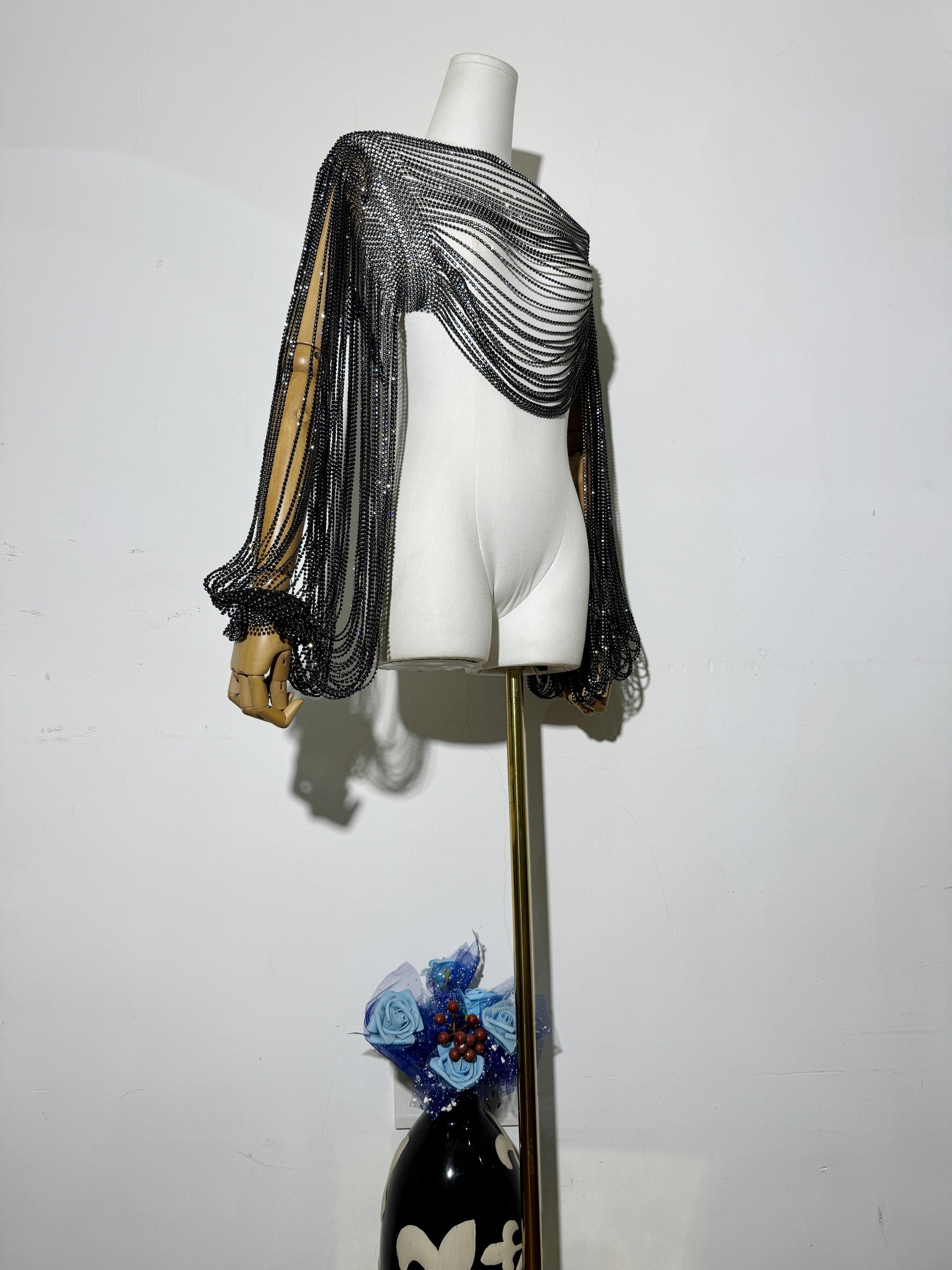 Diamond-Embellished Accessory Shawl Long-Sleeve Top