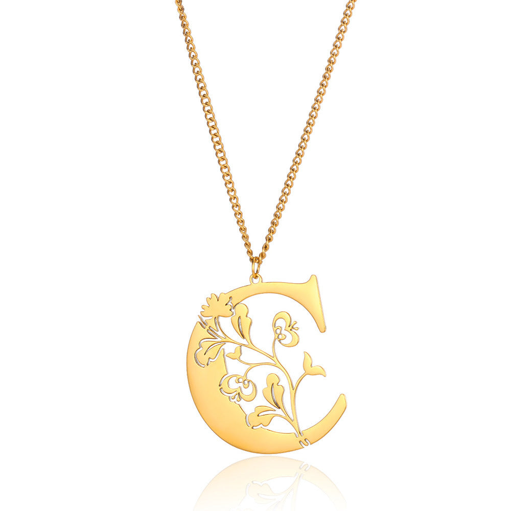 Stainless Steel 26 English Flower Letter Necklace