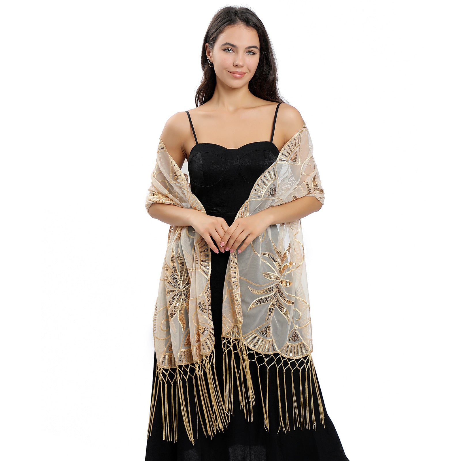 Long Sequined Embroidered Feather Shawl