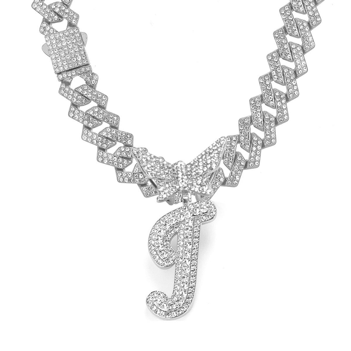English Letter Alloy Rhinestone Pendant Necklace Butterfly