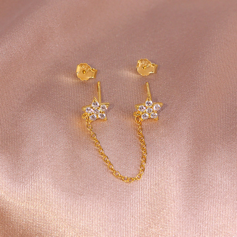 Sterling Silver Pentagram Diamond Chain Tassel Stud Earrings