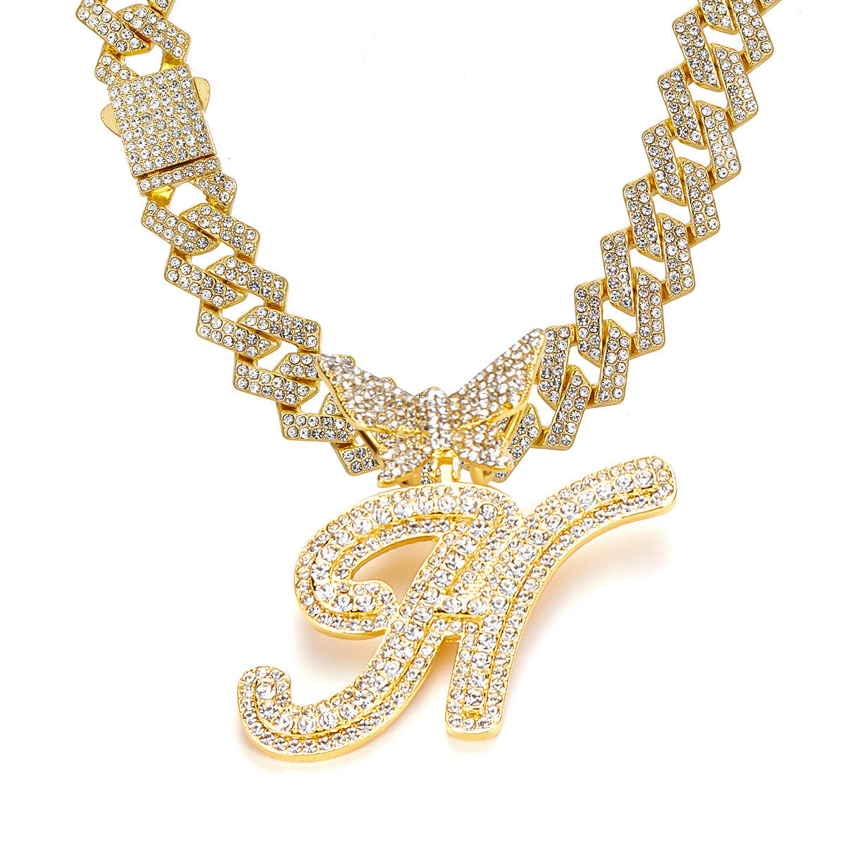 English Letter Alloy Rhinestone Pendant Necklace Butterfly