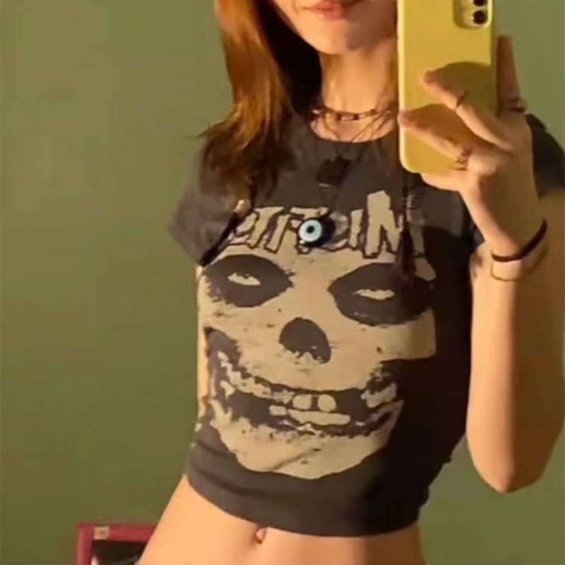 Slim Fit Printed Letter Retro Gothic Round Neck Short Sleeve T-Shirt Top