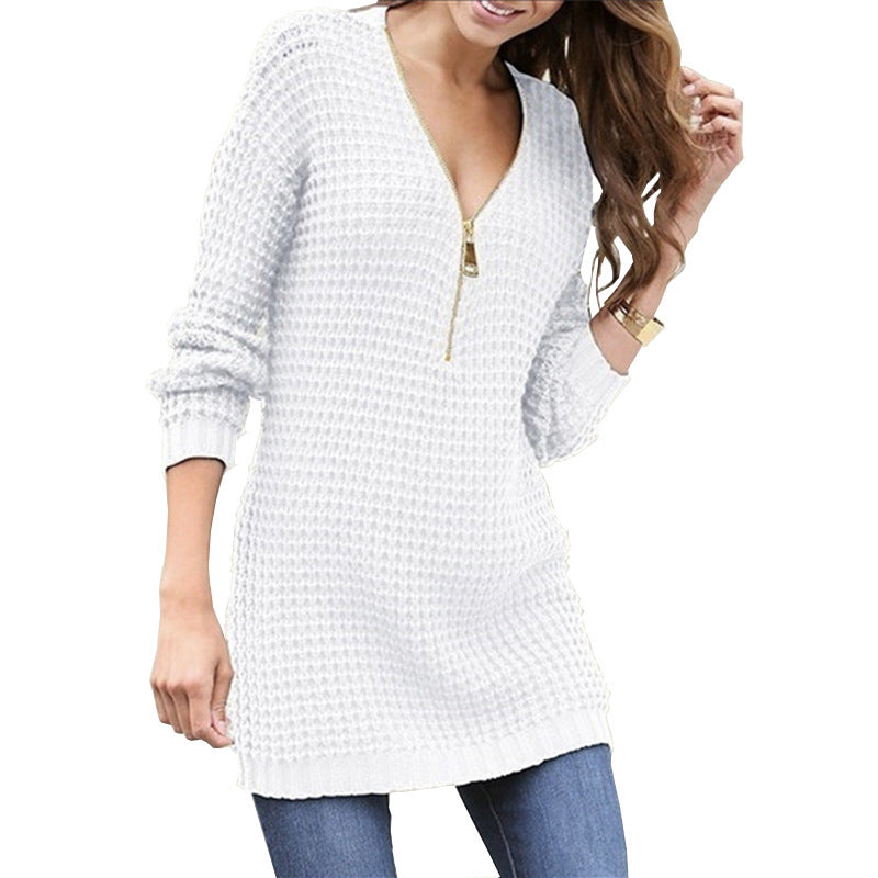Zip V-Neck Sweater Dress