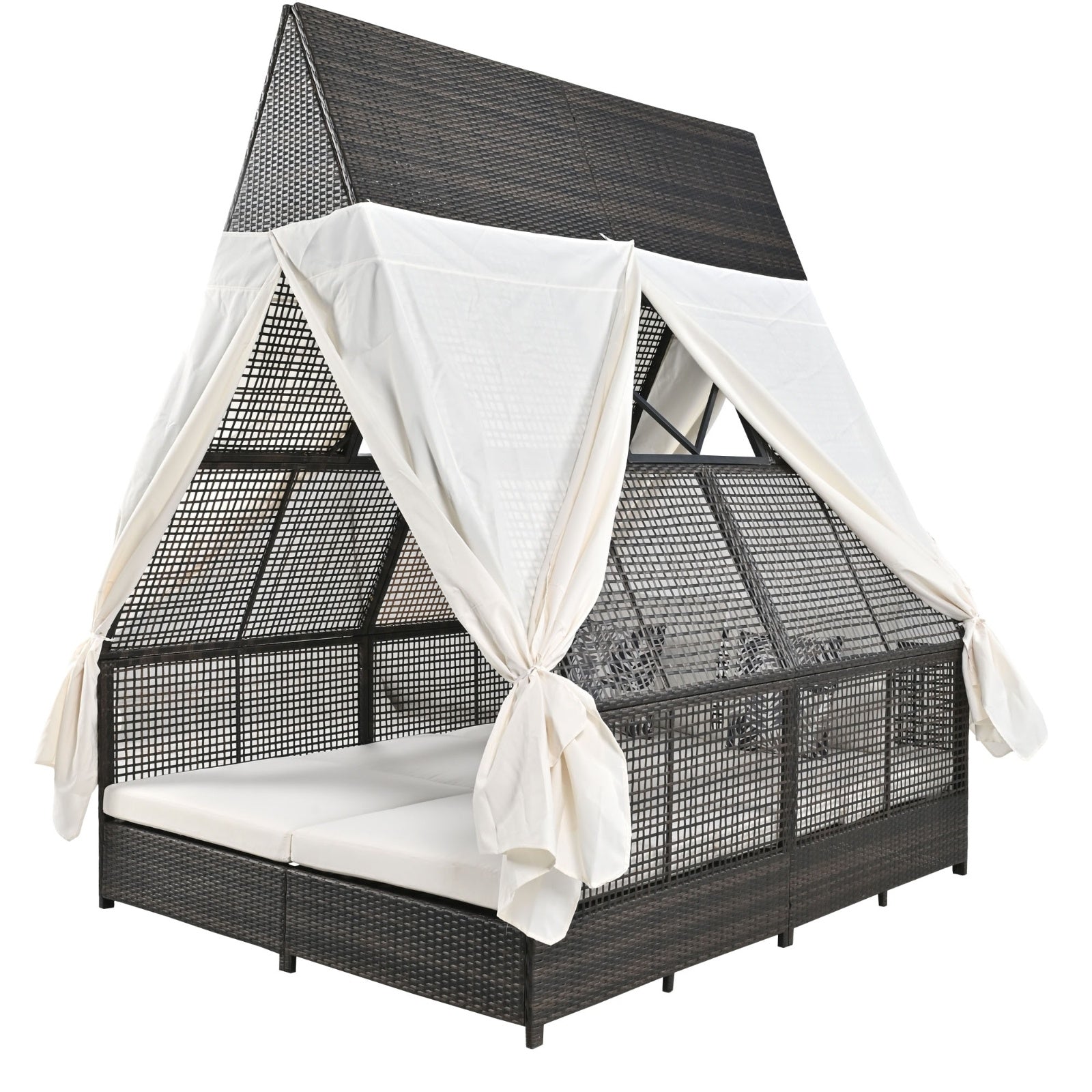 Outdoor Daybed With Adjustable Backrest And Curtains, Double Sun Lounger