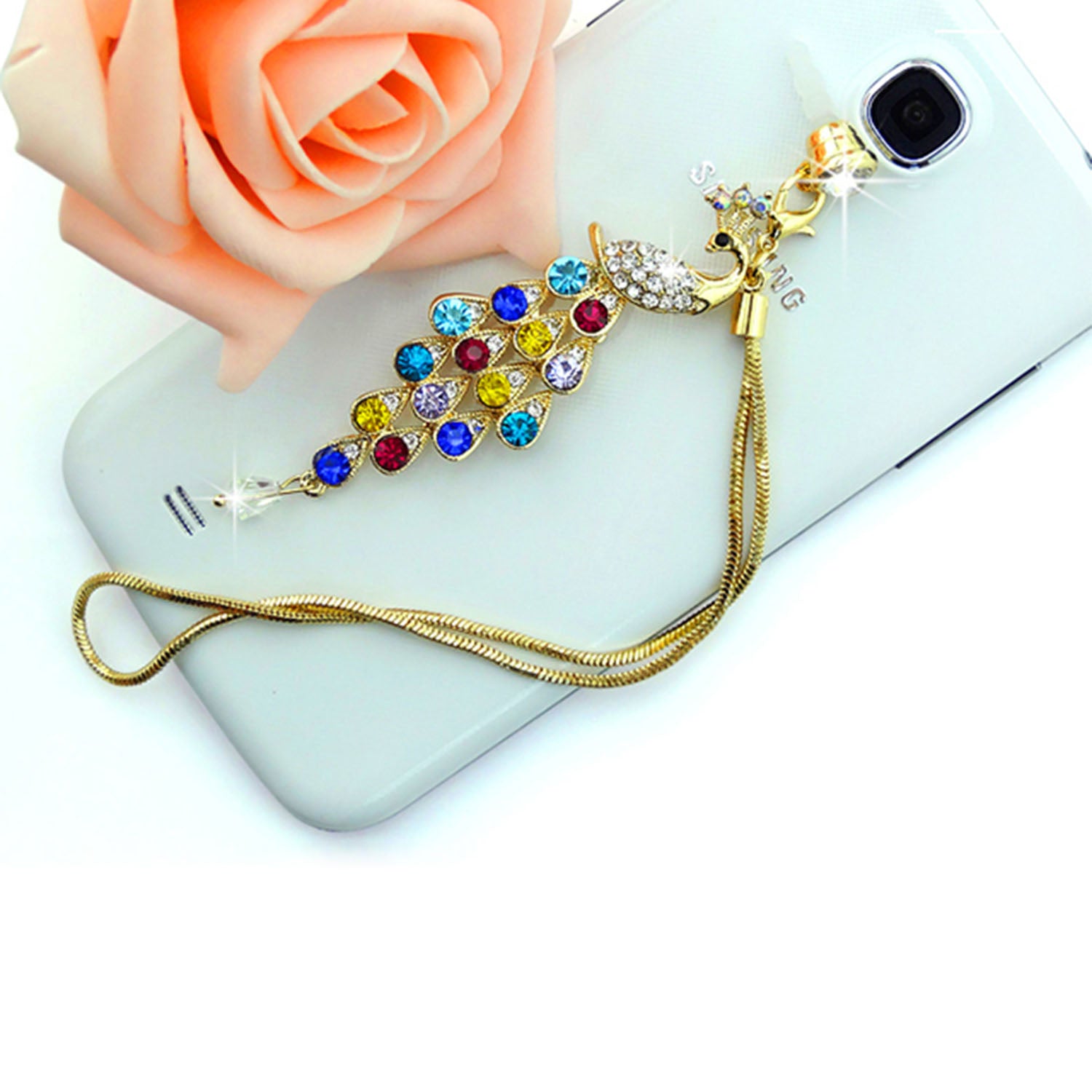 Colorful Crystal Diamond Peacock Dust Cap Pendant For Cell Phone 3.5mm Jack