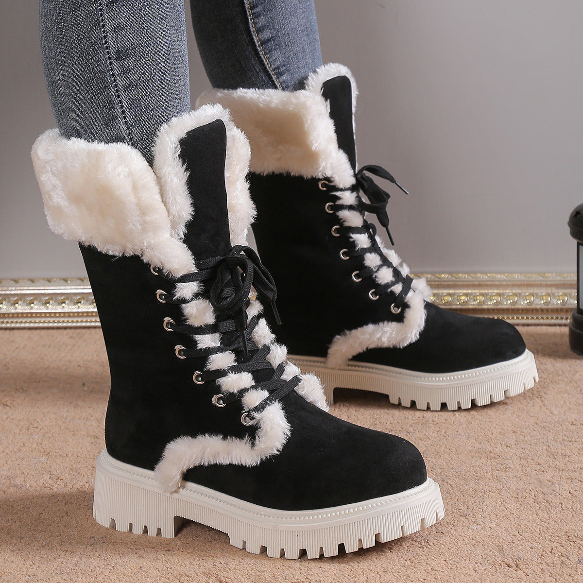 Winter Lace-up Snow Boots For Women Mid-Tube Fleece Shoes Warm Chunky Heels Plush Boot