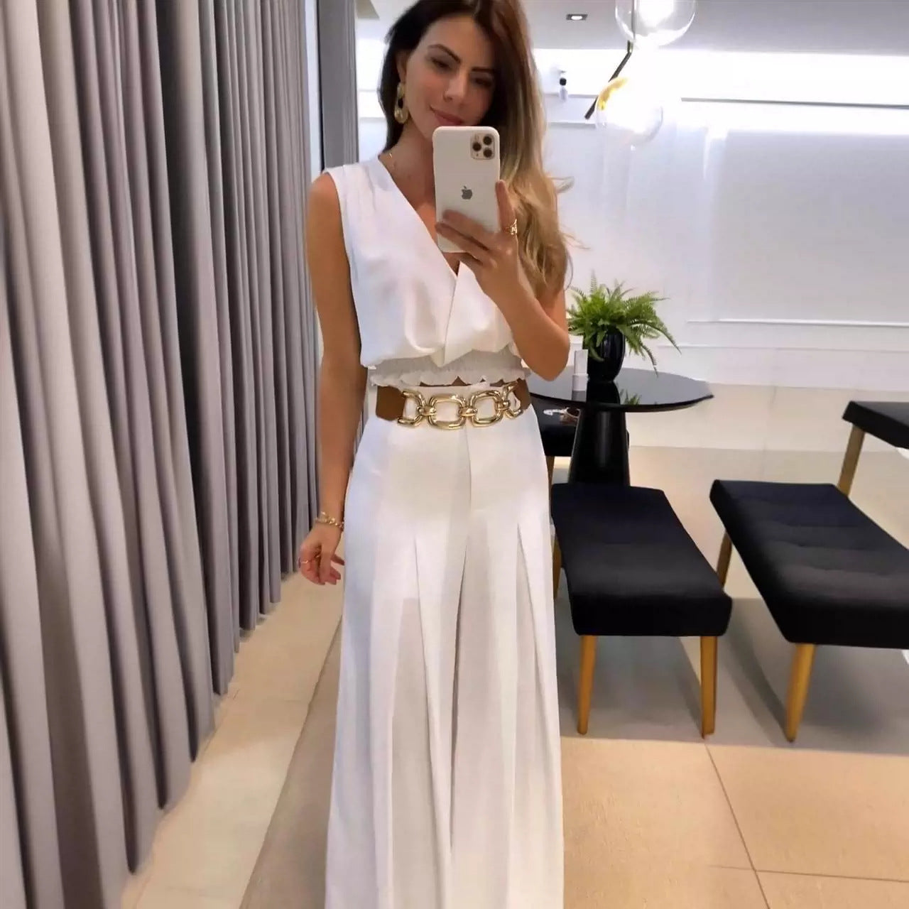Amazon White Girdle Sleeveless V-Neck Vest Suit Wide-Leg Bell-Bottoms-No Need Belt