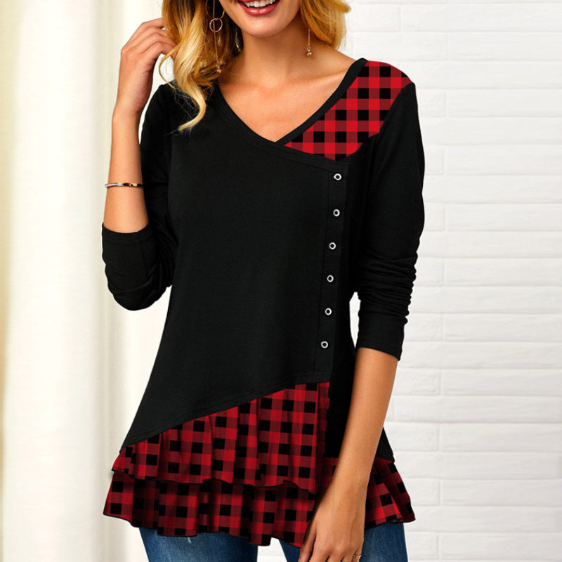 Women's New Long-Sleeved Plaid Irregular Stitching T-Shirts