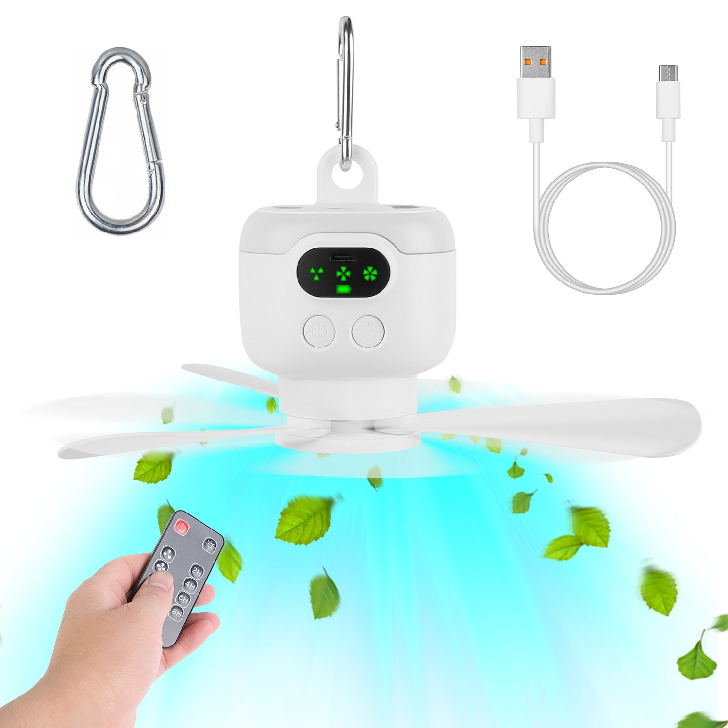 1Pc 2 In 1 Portable Camping Fan With LED Lantern 8000mAh Battery Powered Tent Fan With Carabiner Digital Display 4 Speeds 4 Timer Settings For Camping Canopy Tents RV