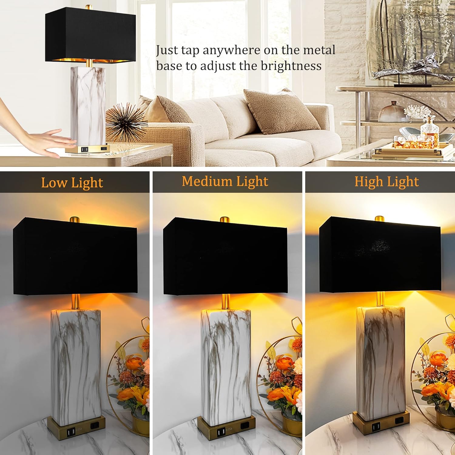 Touch Control Table Lamps Set Of 2, Modern Contemporary Bedside Lamp With 2 USB Ports 1 AC Outlet, 3-Way Dimmable Nightstand Lamp Faux Marble Gold Black Rectangular Shade For Living Room Bedroom