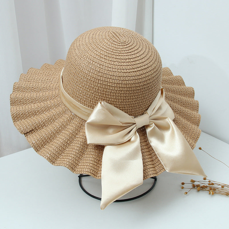 Wide-Brimmed Holiday Beach Hat With Shell Pattern Big Bow