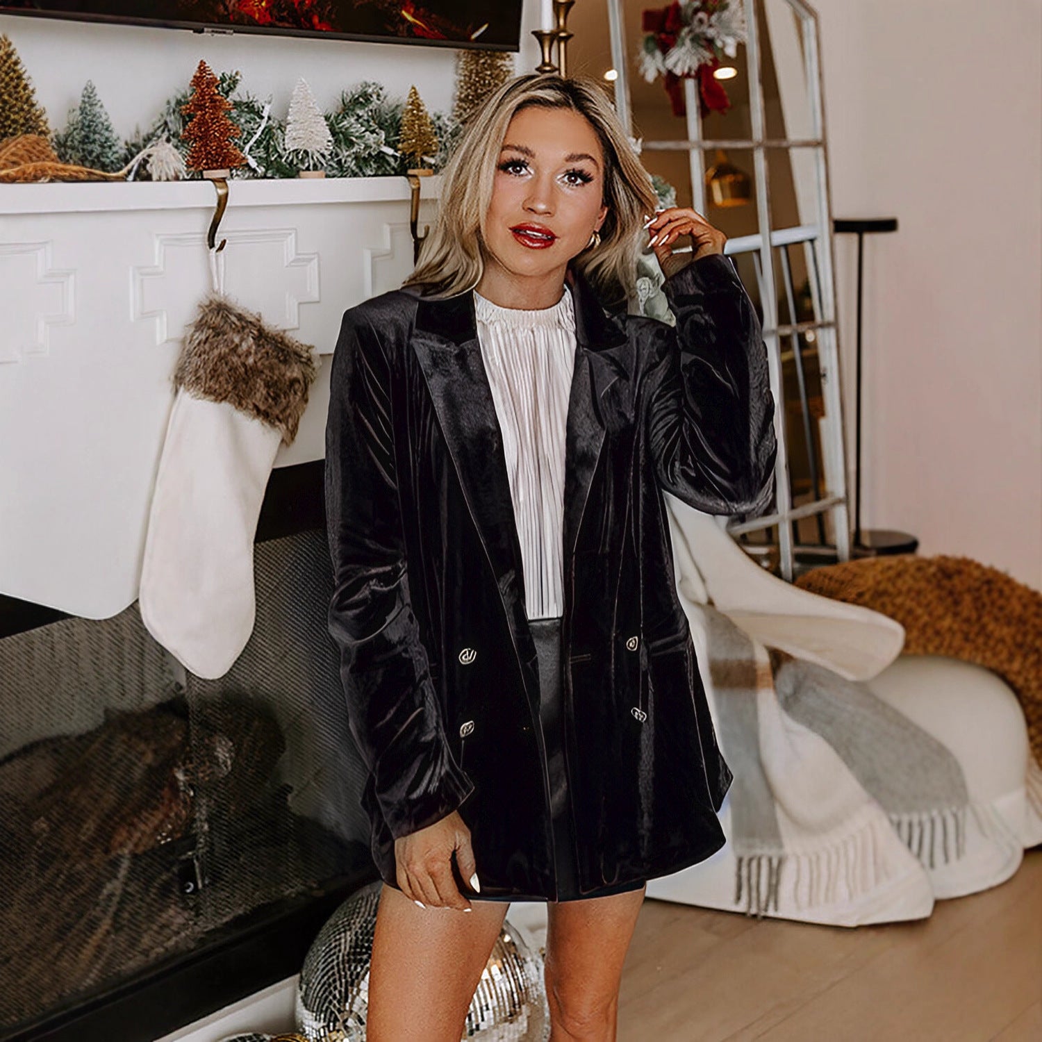 Casual Loose Double-Breasted Velvet Suit Jacket
