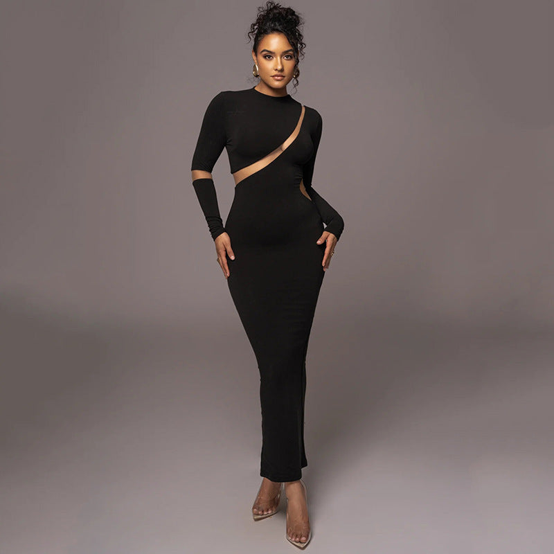 Close-fitting Body Shaping High Elastic Stitching Round-Neck Long-Sleeved Dress Women