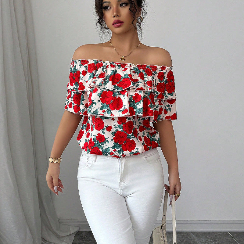 Off-Shoulder Short-Sleeved Shirt Double-Layer Ruffled Women's Clothing