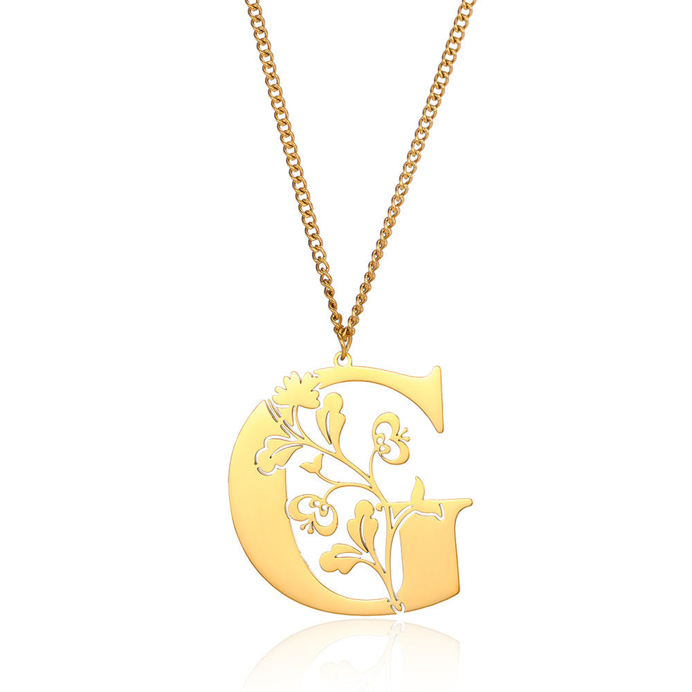 Stainless Steel 26 English Flower Letter Necklace