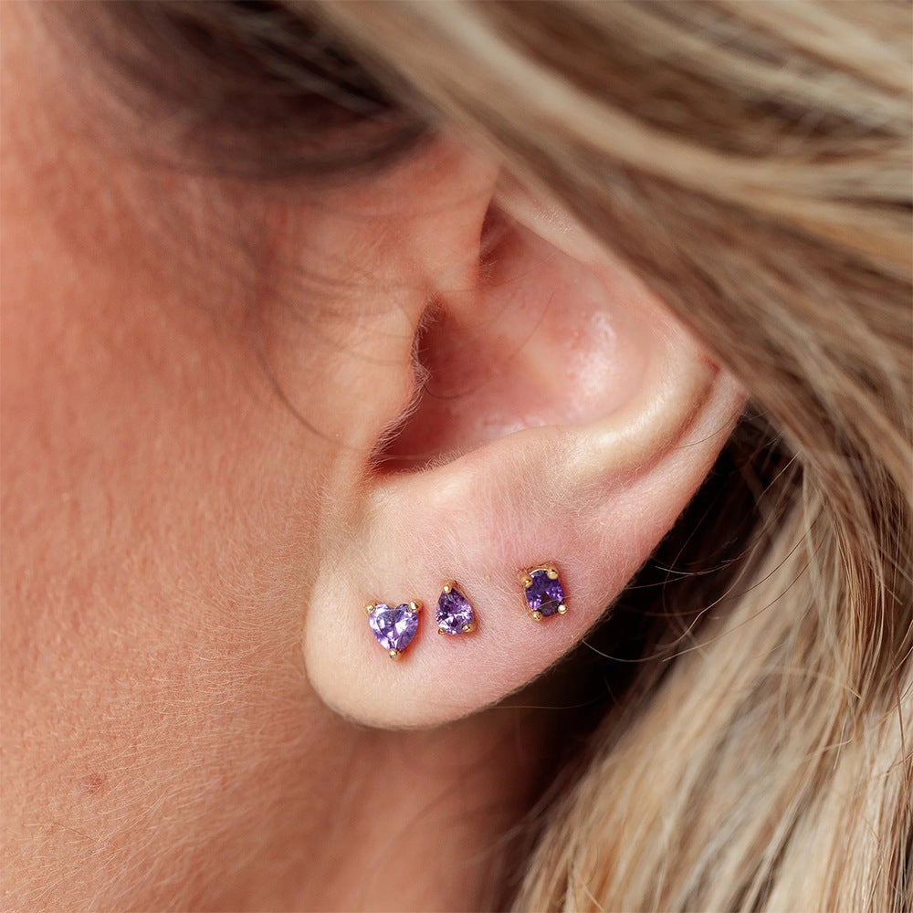 S925 Sterling Silver Purple Cluster Heart-Shaped Diamond Stud Earrings