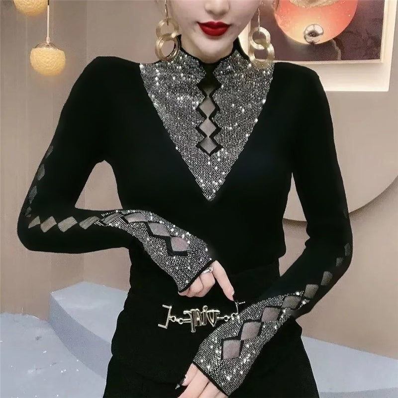 Women's Temperament Fashion Hollow Mesh Stitching Diamond Encrusted Top