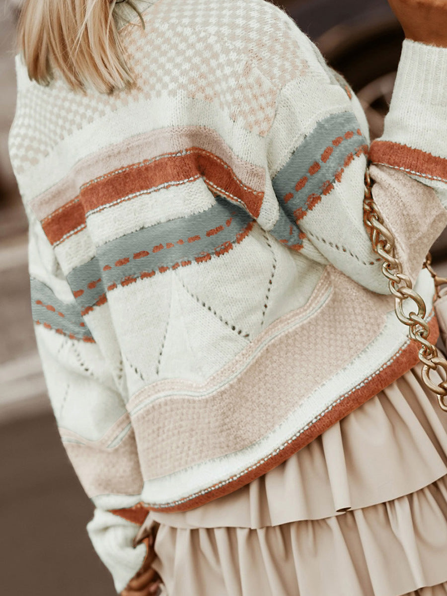 Winter Striped Colored Pullover Sweater Women's Knitted Jacquard Texture Top