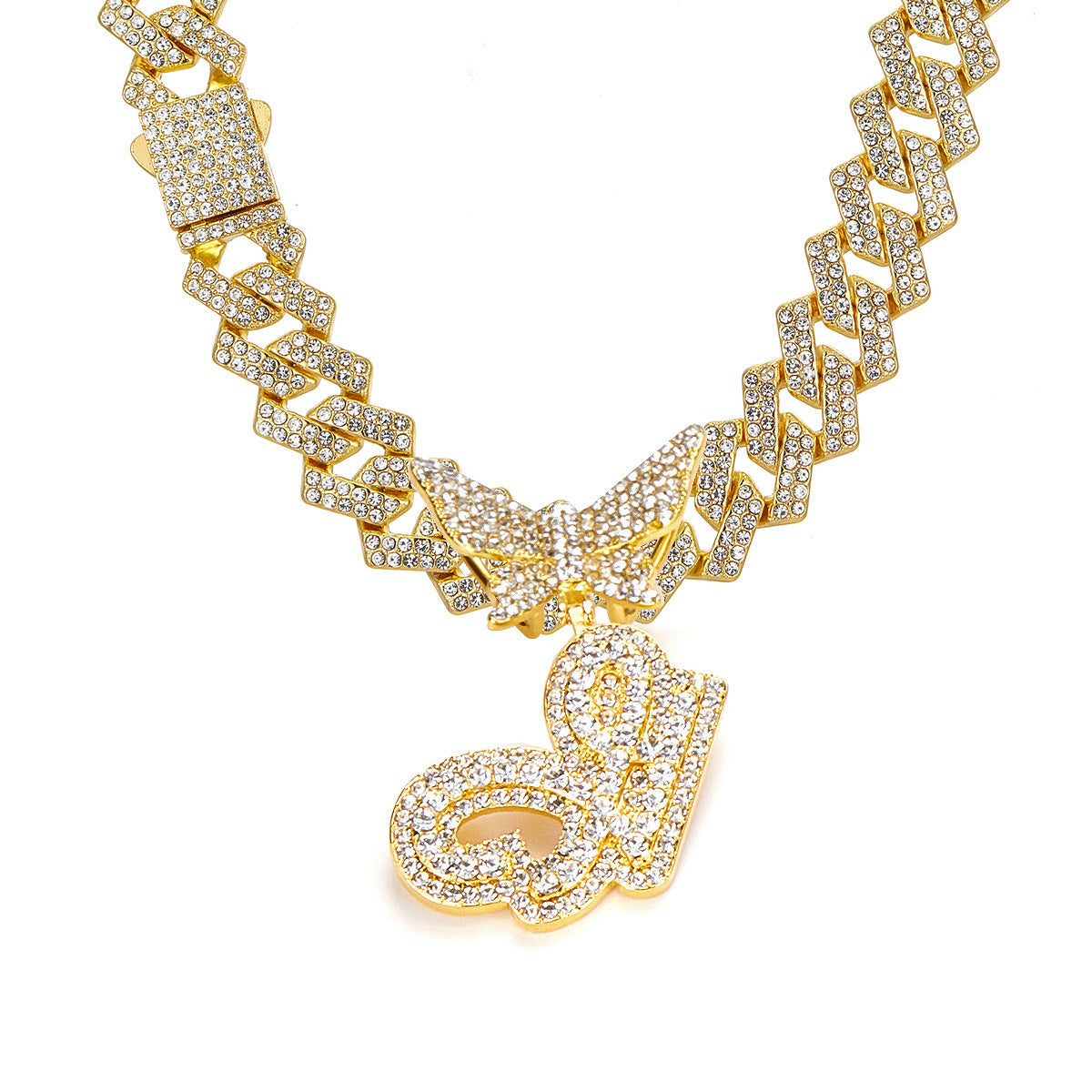 English Letter Alloy Rhinestone Pendant Necklace Butterfly