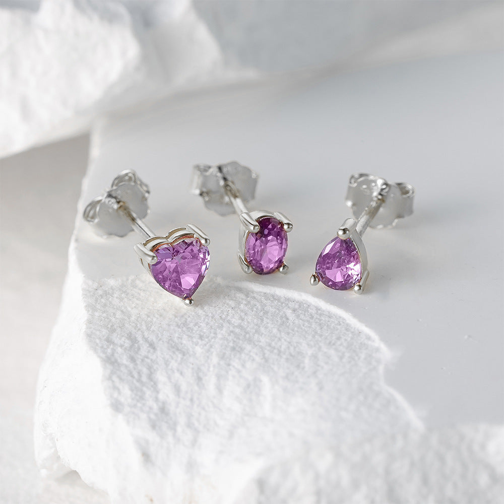 S925 Sterling Silver Purple Cluster Heart-Shaped Diamond Stud Earrings