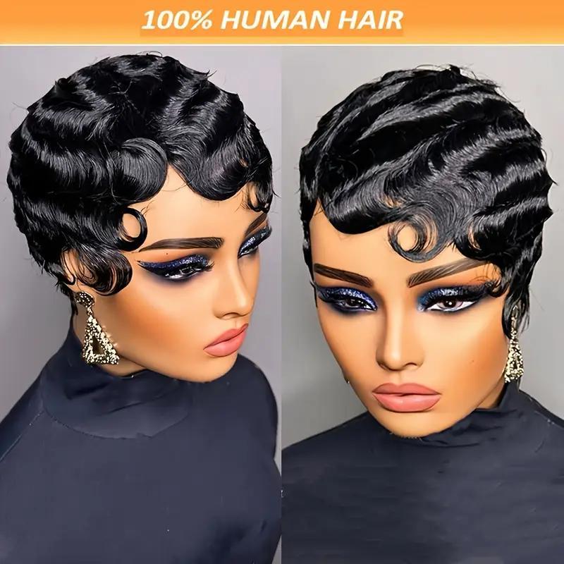 Ladies' Stylish 6-inch Deep Wave Elf Haircuts Non-toxic Wigs-Peru Remy Hair, Ocean Wave Style, Short Elf Wigs.