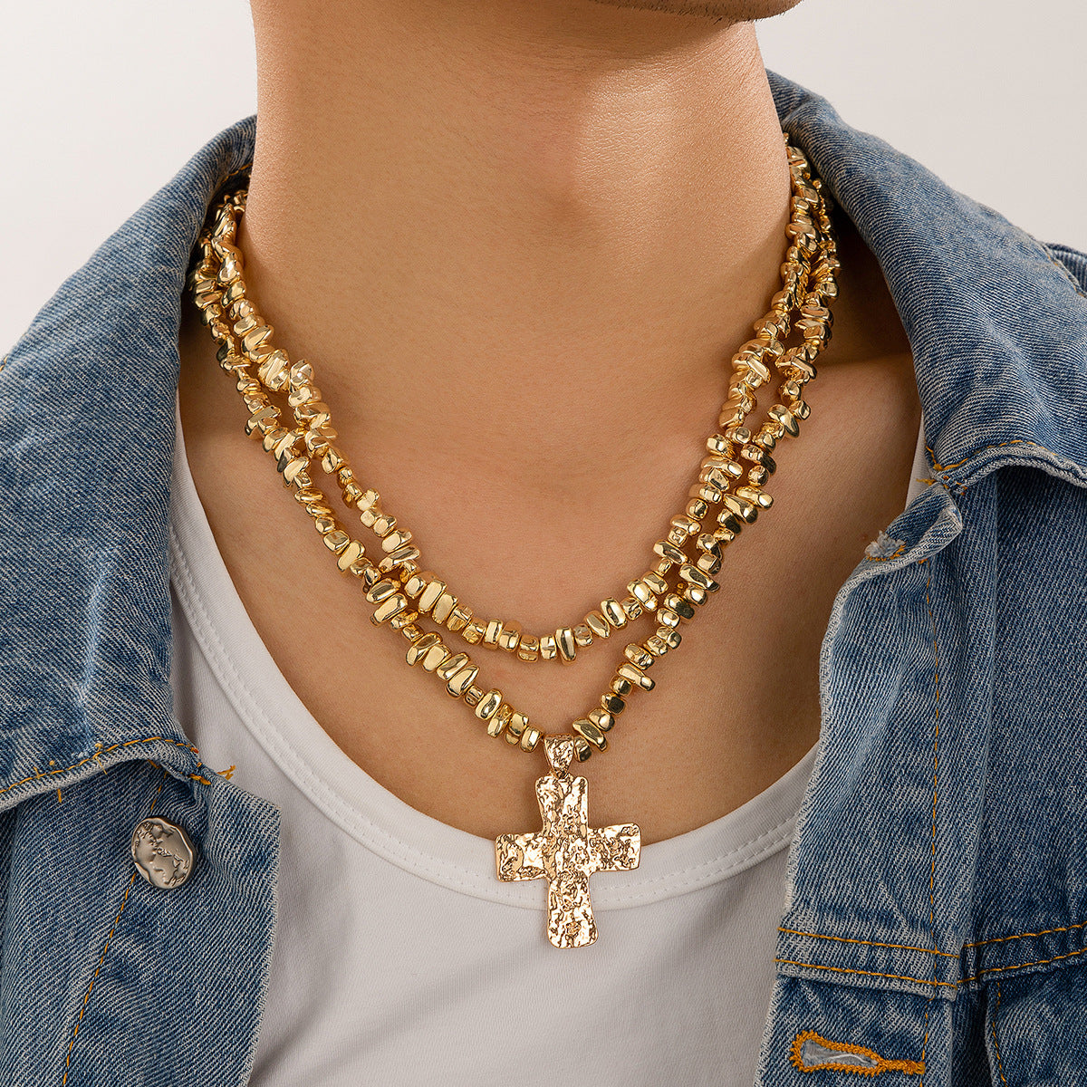 Niche Uniquely Shaped Beaded Necklace For Men Trendy Cross Pendant Clavicle Chain