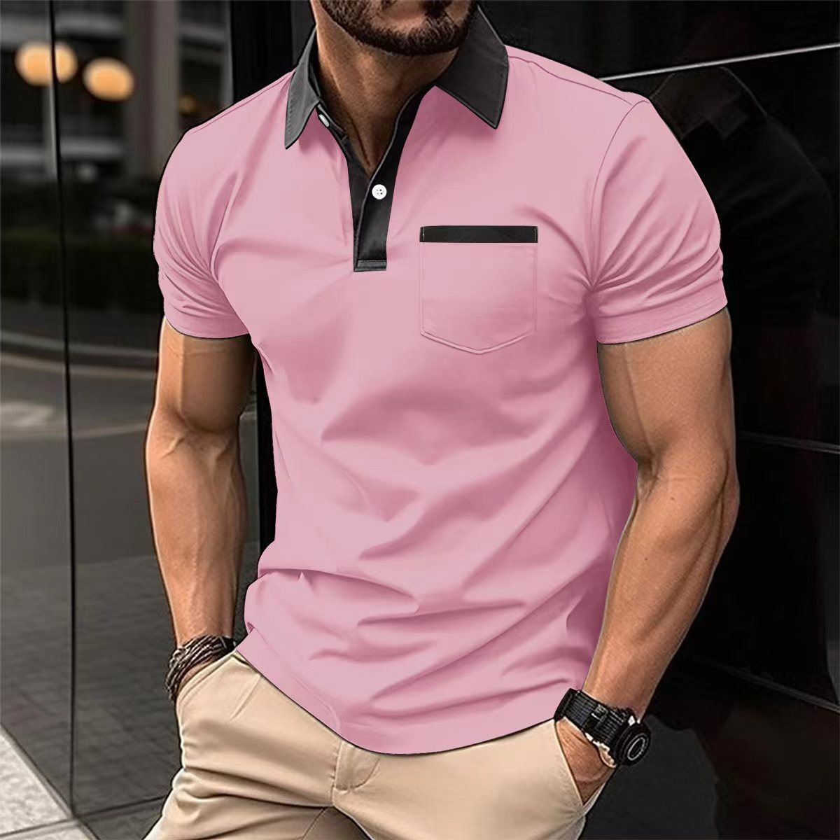 Lapel Fashion Slim Pocket Short-Sleeved T-Shirt Polo Shirt Men Clothing